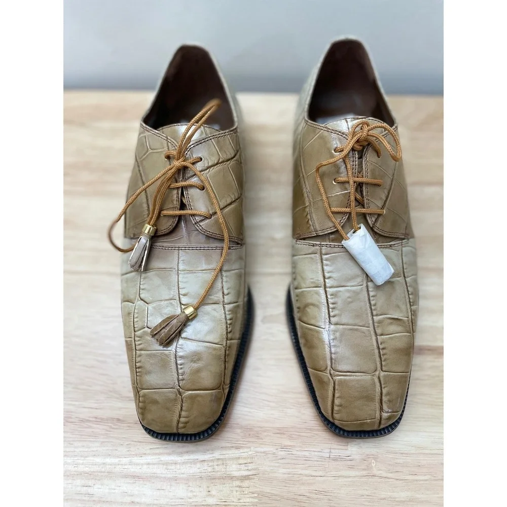 Marco Vicci Mens Tan Cream Croc‎ Embossed Leather Ombre Square Toe Shoes 10.5